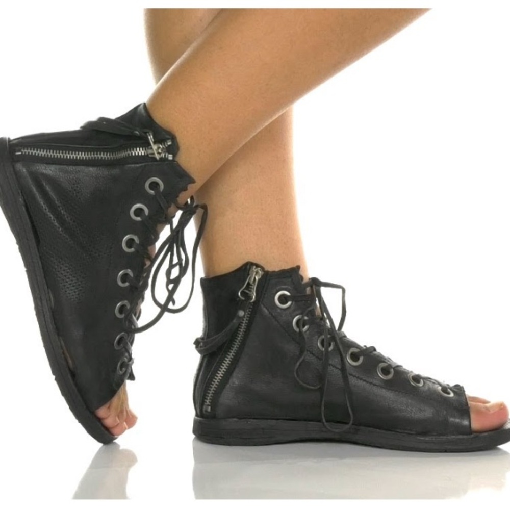 AS98 RHETT Black Leather High Top Open Toe Shoe with Zipper and Lace up Detail